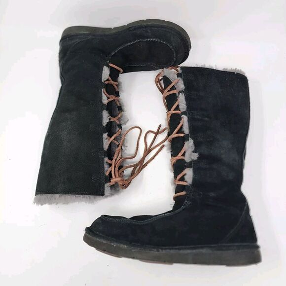 Ugg Uptown Boots Black‎ Suede Gray Shearling Lining Leather Lace Up Size 7 - Picture 10 of 13